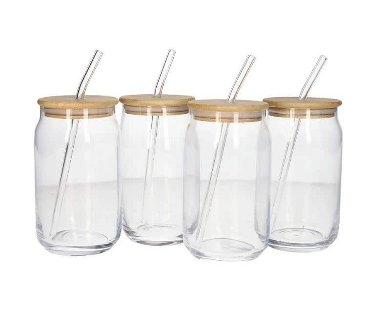 Glass Can Shaped Drinking Cups with Bamboo Lids and Straws – Set of 4 ...