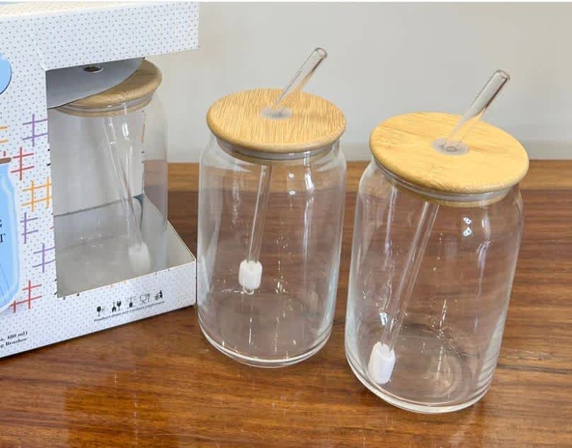 Glass Can Shaped Drinking Cups with Bamboo Lids and Straws – Set of 4 ...