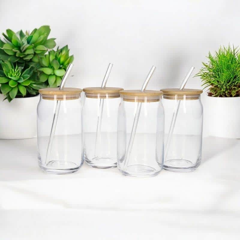 Glass Can Shaped Drinking Cups with Bamboo Lids and Straws – Set of 4 ...